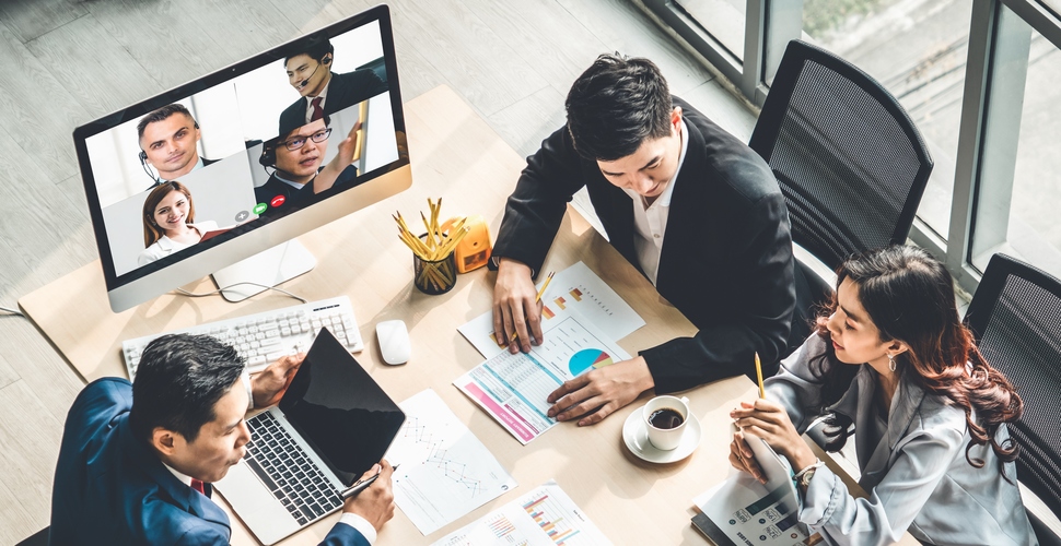 Video call group business people meeting on virtual workplace or e-learning courses developement