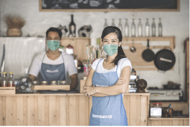 Cafe workers with masks