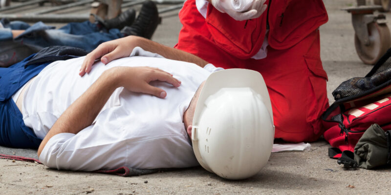 Work accident. First aid training. emergency first aid training